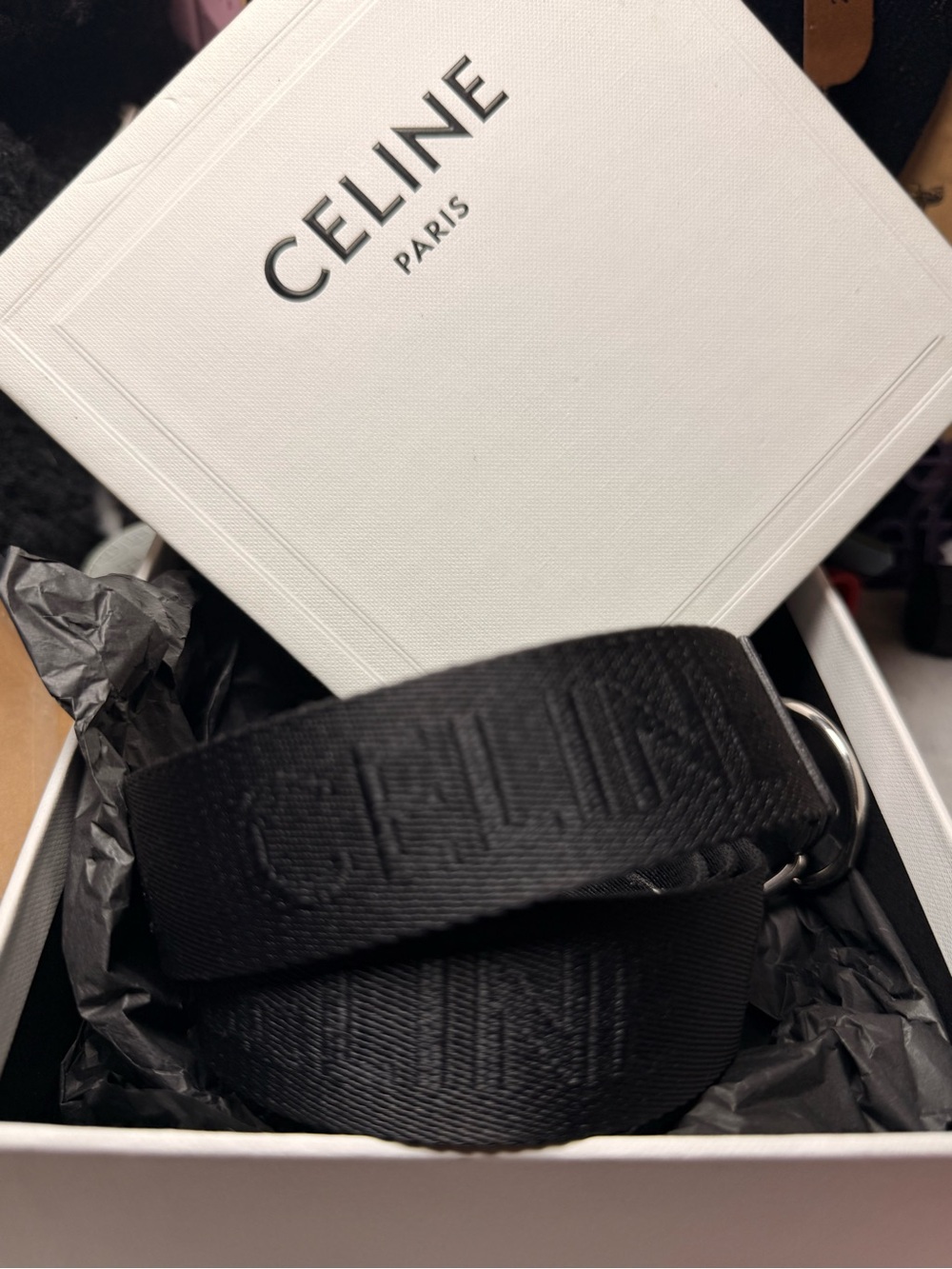 Celine Black Webbing Logo Strap with Metal End Plate